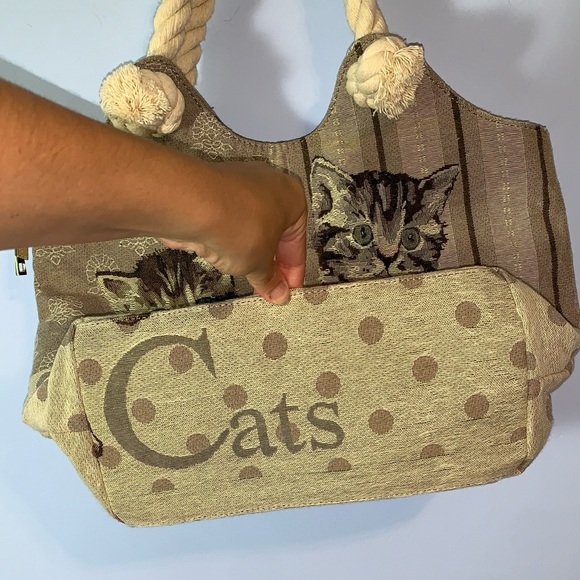To go go Charming Cat Print tapestry Tote Bag - Brown and Tan rope handles - Picture 3 of 6